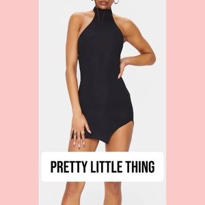 Black Ribbed High Neck Split Detail Bodycon Dress